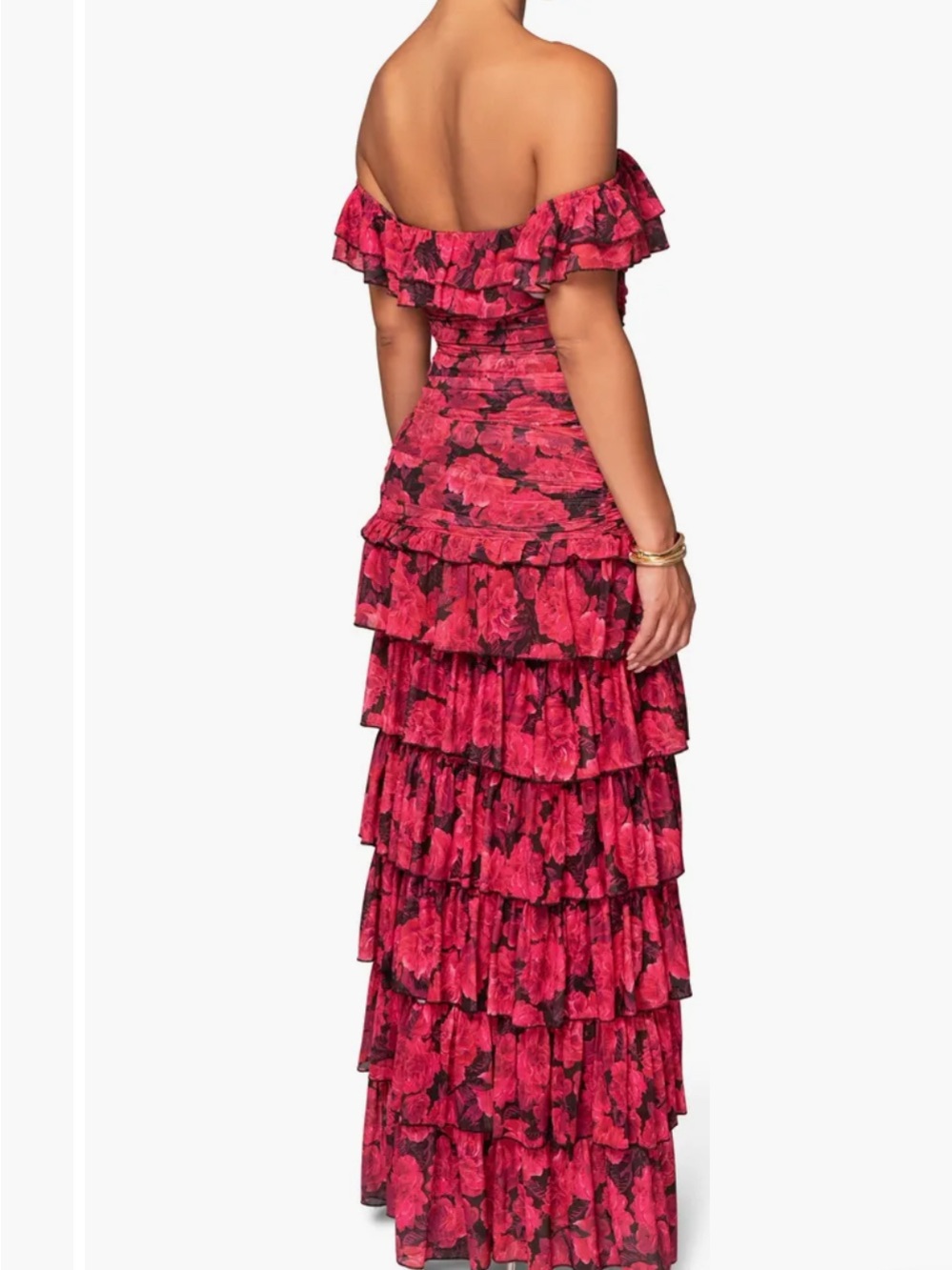 Off-Shoulder Red Floral Ruffle Maxi Dress - Picture 5 of 9